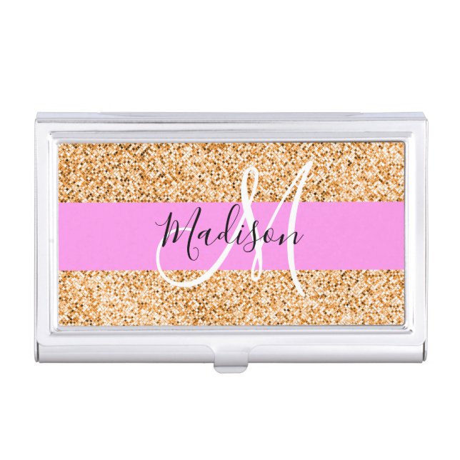 Glam Pink & Copper Glitter Sparkles Monogram Name Business Card Case (Front)