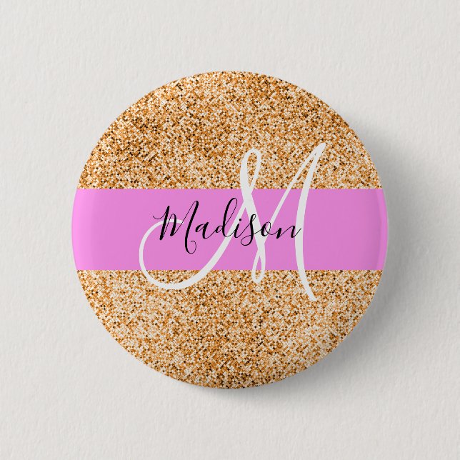 Glam Pink & Copper Glitter Sparkles Monogram Name Button (Front)