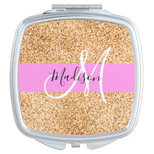 Glam Pink & Copper Glitter Sparkles Monogram Name Compact Mirror