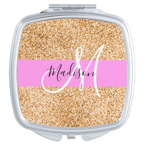 Glam Pink  Copper Glitter Sparkles Monogram Name Compact Mirror