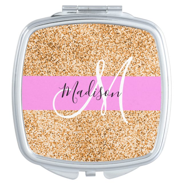 Glam Pink & Copper Glitter Sparkles Monogram Name Compact Mirror (Front)