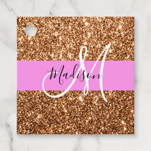 Glam Pink  Copper Glitter Sparkles Monogram Name Favor Tags