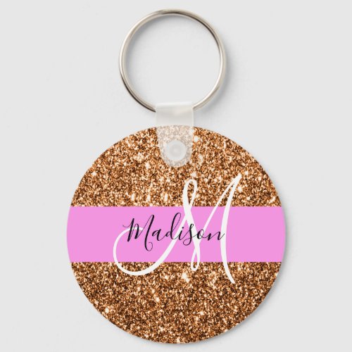 Glam Pink  Copper Glitter Sparkles Monogram Name Keychain