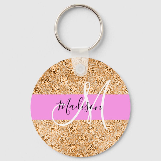 Glam Pink & Copper Glitter Sparkles Monogram Name Keychain (Front)