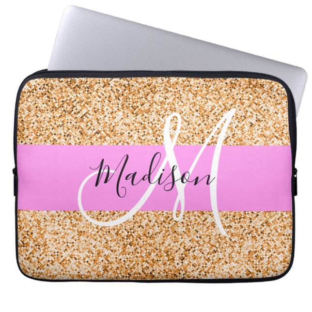 Glam Pink & Copper Glitter Sparkles Monogram Name Laptop Sleeve (Front)