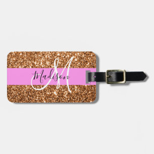 Glam Pink & Copper Glitter Sparkles Monogram Name Luggage Tag