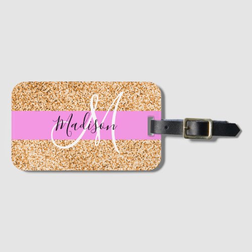 Glam Pink  Copper Glitter Sparkles Monogram Name Luggage Tag