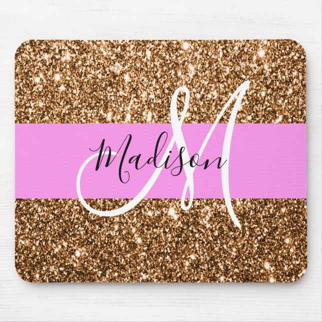 Glam Pink & Copper Glitter Sparkles Monogram Name Mouse Pad (Front)