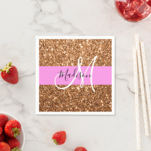 Glam Pink & Copper Glitter Sparkles Monogram Name Napkins