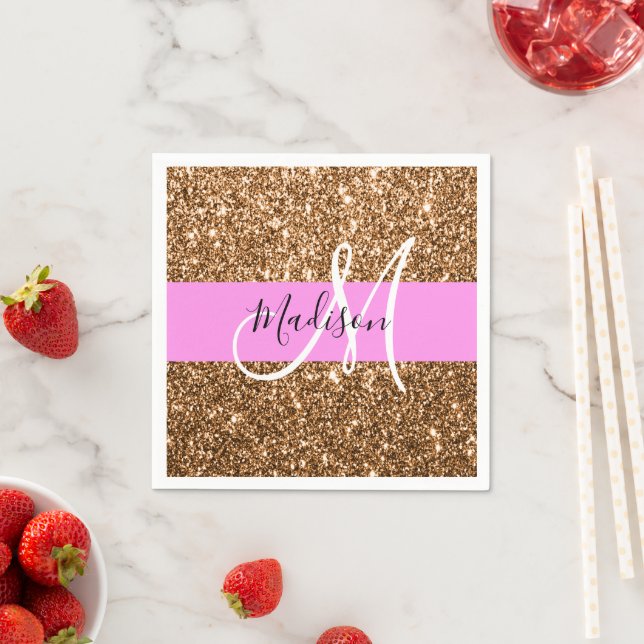 Glam Pink & Copper Glitter Sparkles Monogram Name Napkins (Insitu)