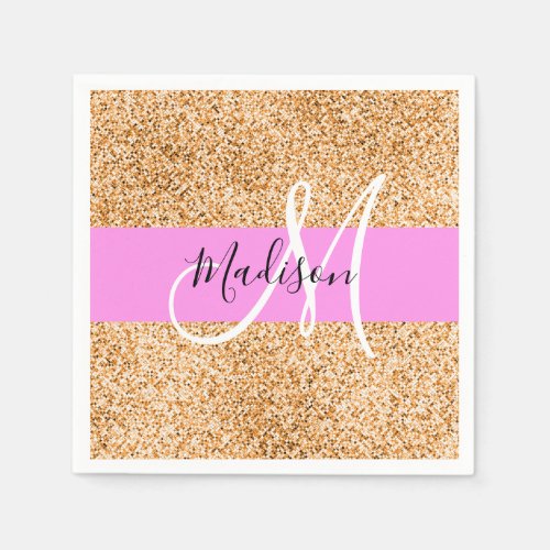 Glam Pink  Copper Glitter Sparkles Monogram Name Napkins