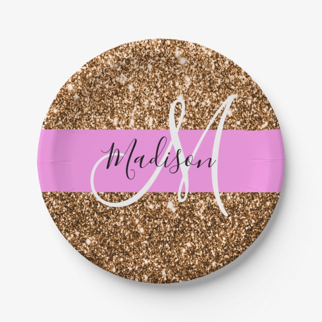 Glam Pink & Copper Glitter Sparkles Monogram Name Paper Plates (Front)