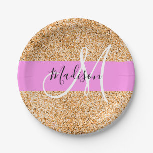 Glam Pink & Copper Glitter Sparkles Monogram Name Paper Plates