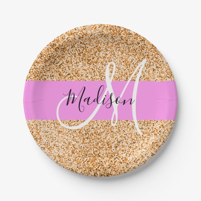 Glam Pink & Copper Glitter Sparkles Monogram Name Paper Plates (Front)