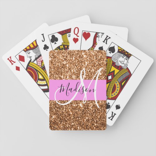 Glam Pink  Copper Glitter Sparkles Monogram Name Poker Cards