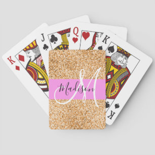 Glam Pink & Copper Glitter Sparkles Monogram Name Poker Cards