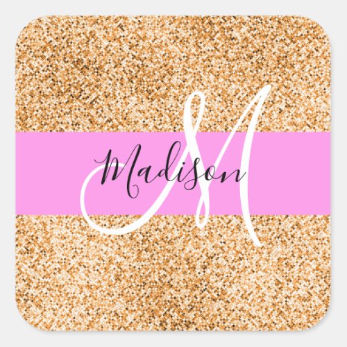 Glam Pink  Copper Glitter Sparkles Monogram Name Square Sticker