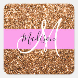 Glam Pink & Copper Glitter Sparkles Monogram Name Square Sticker