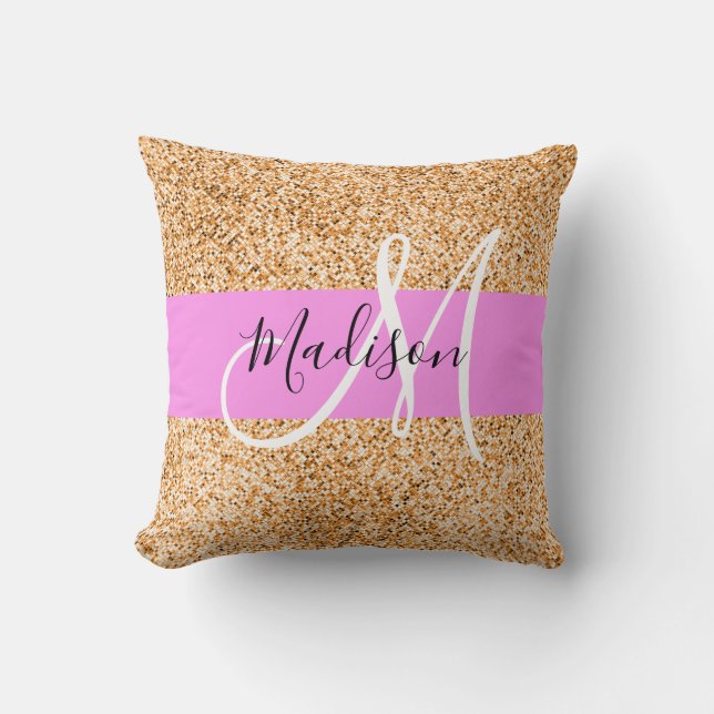 Glam Pink & Copper Glitter Sparkles Monogram Name Throw Pillow (Front)