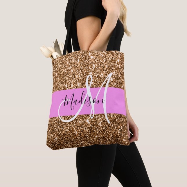Glam Pink & Copper Glitter Sparkles Monogram Name Tote Bag (Close Up)