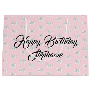 Glam Pink Custom Name Tiffany Theme White Bow Large Gift Bag