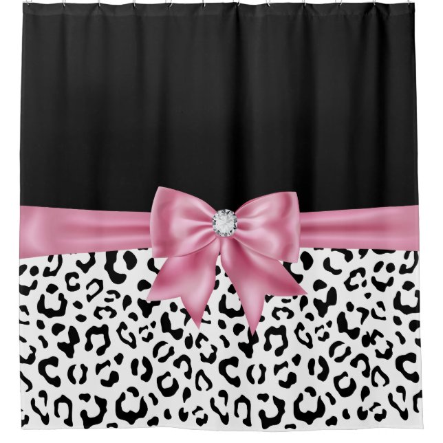 Glam Pink Diamond Bow Black Snow Leopard Shower Curtain (Front)