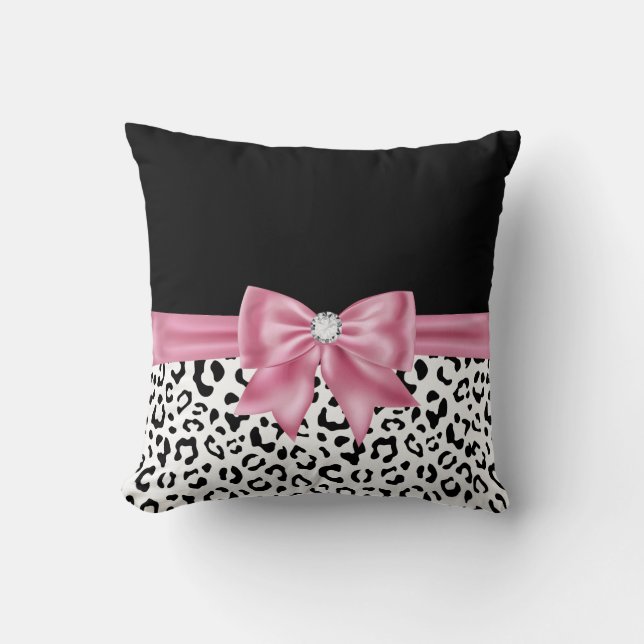 Glam Pink Diamond Bow Black Snow Leopard  Throw Pillow (Front)