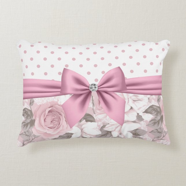 Glam Pink Diamond Bow Floral Polka Dots  Accent Pillow (Front)