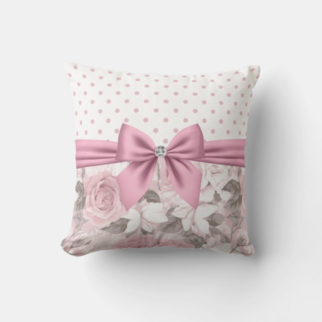 Glam Pink Diamond Bow Floral Polka Dots  Throw Pillow (Front)