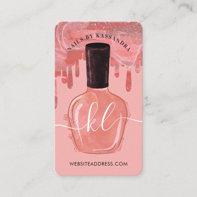 Glam Pink Drips Nail Polish Bottle Monogram Script Business Card (Front)