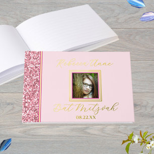 Glam Pink Elegant Photo Bat Mitzvah Gold Foil Guest Book