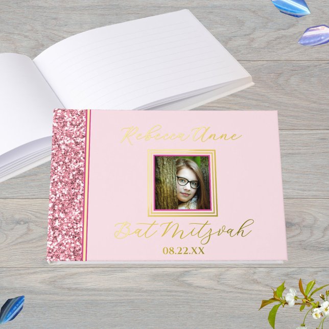 Glam Pink Elegant Photo Bat Mitzvah Gold Foil Guest Book (Real gold foil printing mixed with faux pink glitter gives this guest book an elegant feel)