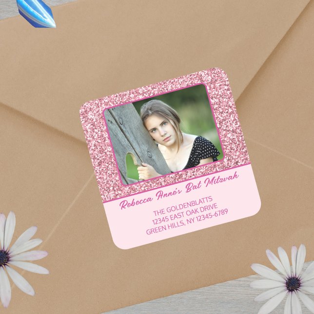 Glam Pink Elegant Photo For Her Bat Mitzvah Square Sticker (Just add your photo and text for personalized pink Bat Mitzvah stickers)