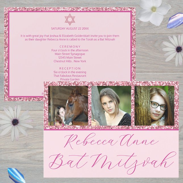 Glam Pink Elegant Script 3 Photo Bat Mitzvah Invitation (Add your daughter's photos to these chic pink Bat Mitzvah invitations)