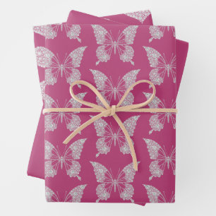 Glam Pink Faux Diamonds Butterfly and Heart Wrapping Paper Sheets