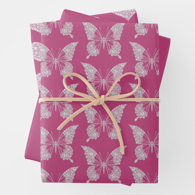 Glam Pink Faux Diamonds Butterfly and Heart Wrapping Paper Sheets (In situ)