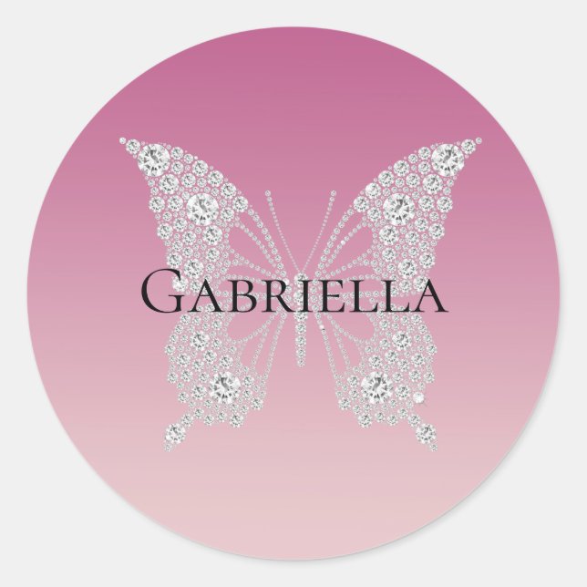Glam Pink Faux Diamonds Butterfly  Classic Round Sticker (Front)