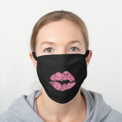Glam Pink Faux Glitter Kiss Lips Imprint Black Cotton Face Mask