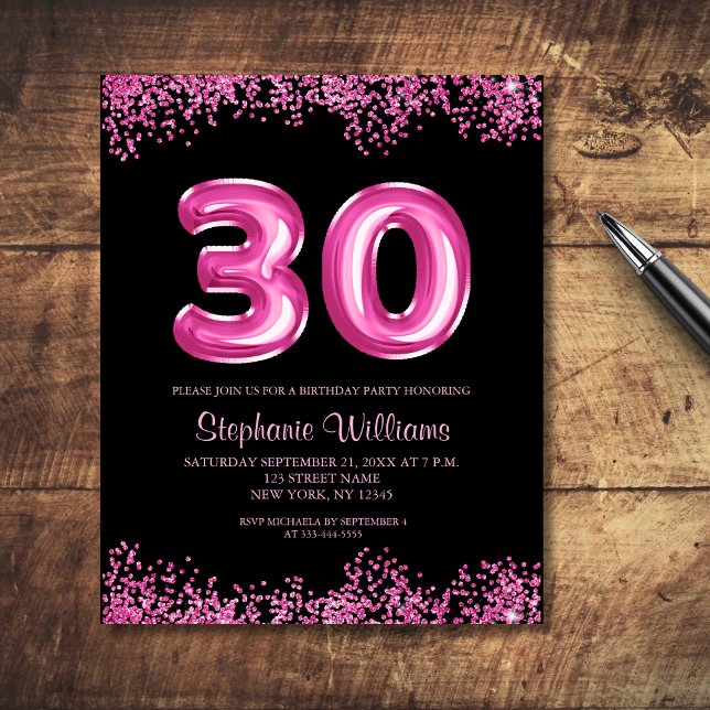 Glam Pink Foil Balloon 30th Birthday Invitation Flyer (Personalize with your party information.  Matching items available in the collection)