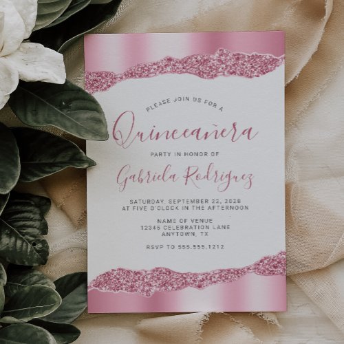 Glam Pink Foil Glitter Quinceaera Invitation