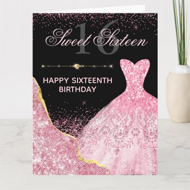 Glam Pink Glitter Ball Gown Sweet Sixteen Card (Front)