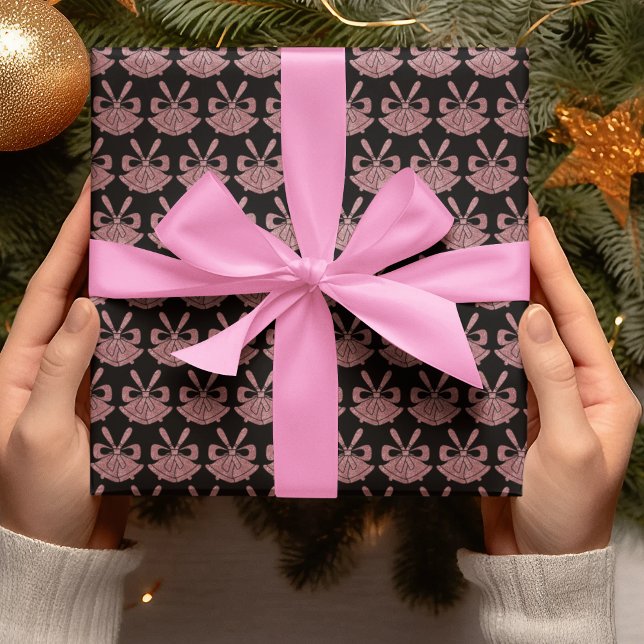 Glam Pink Glitter Bells on Black Holiday  Wrapping Paper (Creator Uploaded)