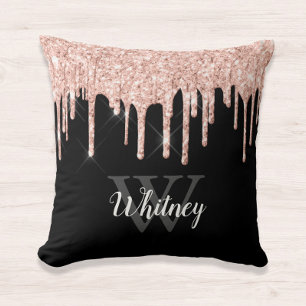 Glam Pink Glitter Drip Black Monogram Letter Throw Pillow