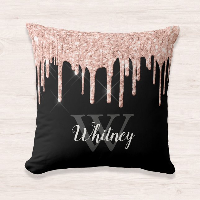Glam Pink Glitter Drip Black Monogram Letter Throw Pillow (Creator Uploaded)