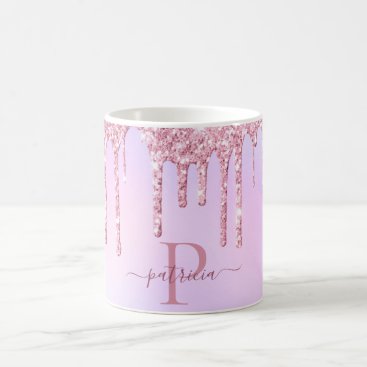 Glam Pink Glitter Drips Elegant Monogram  Coffee Mug