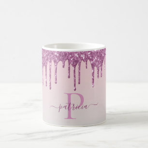 Glam Pink Glitter Drips Elegant Monogram Coffee Mug