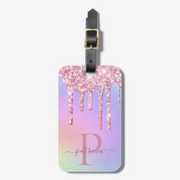 Glam Pink Glitter Drips Elegant Monogram Luggage T Luggage Tag