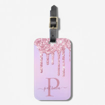 Glam Pink Glitter Drips Elegant Monogram Luggage Tag
