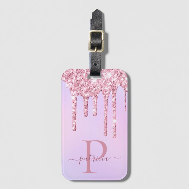 Glam Pink Glitter Drips Elegant Monogram Luggage Tag (Front Vertical)