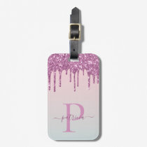 Glam Pink Glitter Drips Elegant Monogram  Luggage Tag